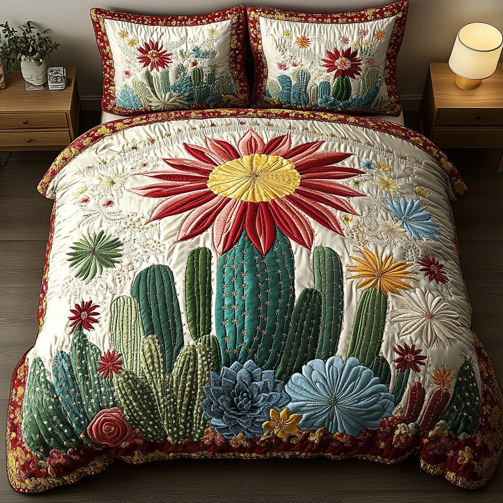 Boho Cactus Glow quilted 3-piece bedding set on a made bed with two matching pillow shams