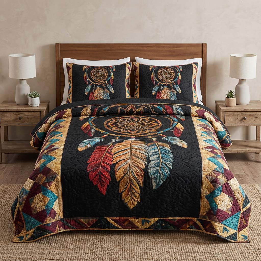 Boho Dreamcatcher quilted 3-piece bedding set on a made bed with two matching pillow shams