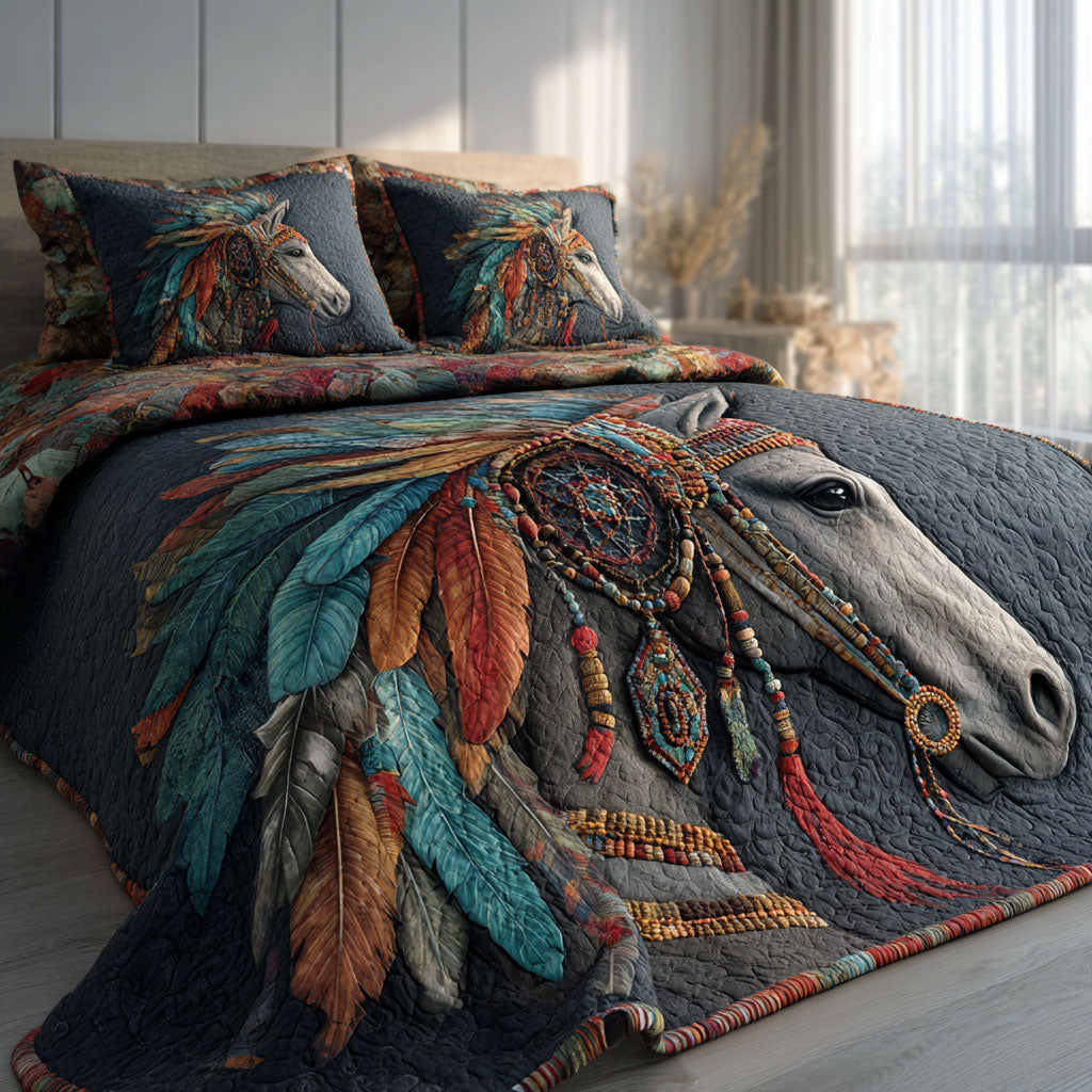 Boho Horse Animal quilted 3-piece bedding set on a made bed with two matching pillow shams