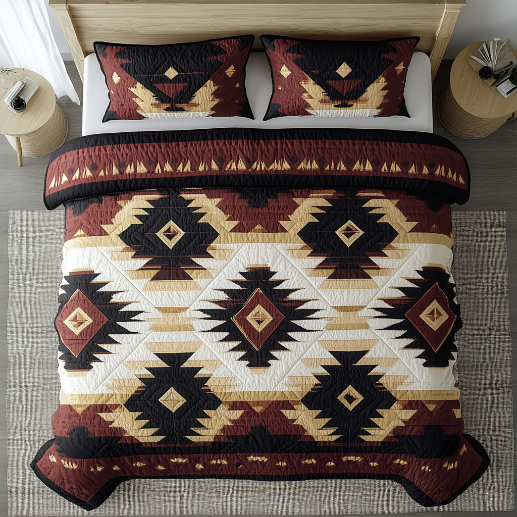 Boho Radiance Southwest quilted 3-piece bedding set on a made bed with two matching pillow shams