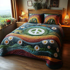 Boho Spirit Gypsy quilted 3-piece bedding set on a made bed with two matching pillow shams