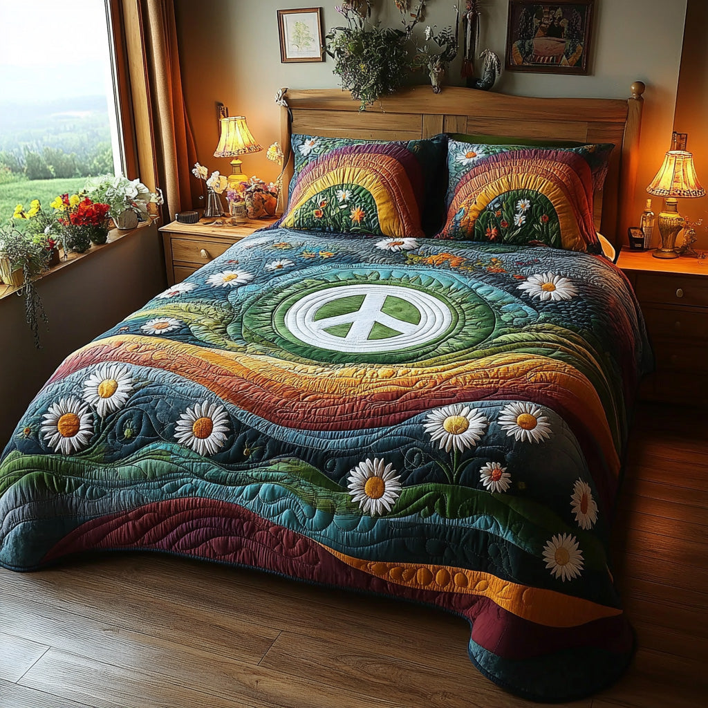 Boho Spirit Gypsy quilted 3-piece bedding set on a made bed with two matching pillow shams
