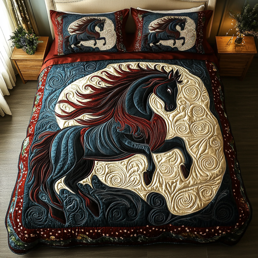 Bold Horse quilted 3-piece bedding set on a made bed with two matching pillow shams