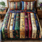 Book Haven Book Lovers quilted 3-piece bedding set on a made bed with two matching pillow shams