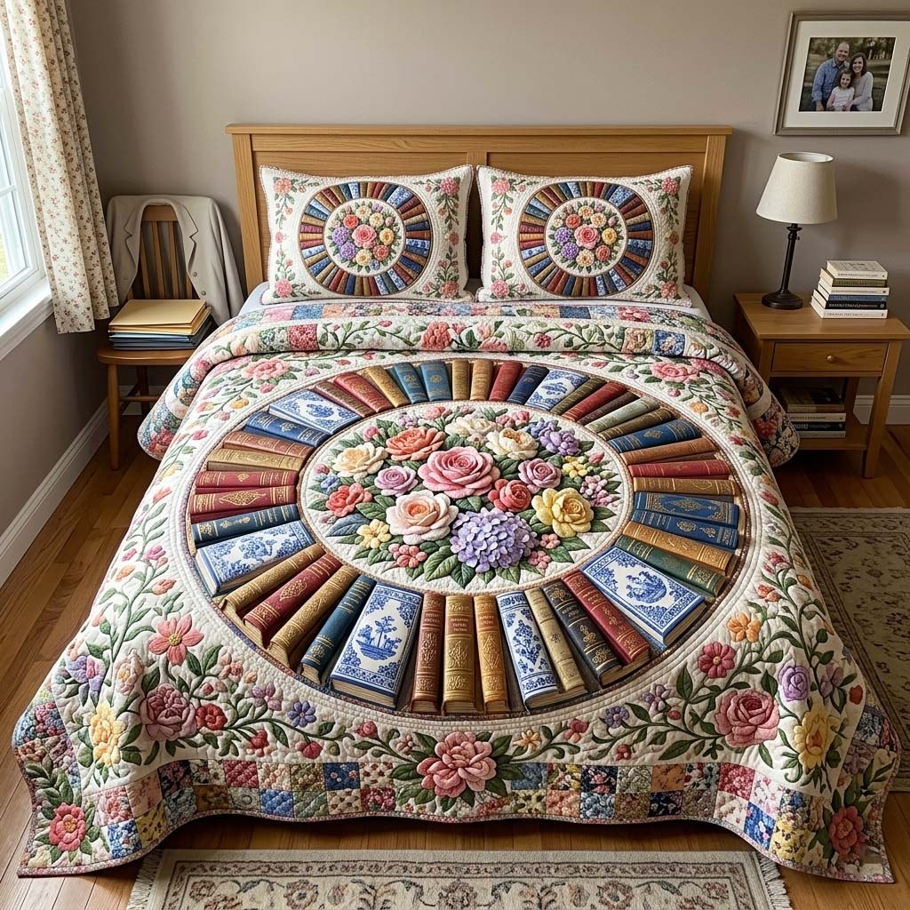 Book Mandala quilted 3-piece bedding set on a made bed with two matching pillow shams