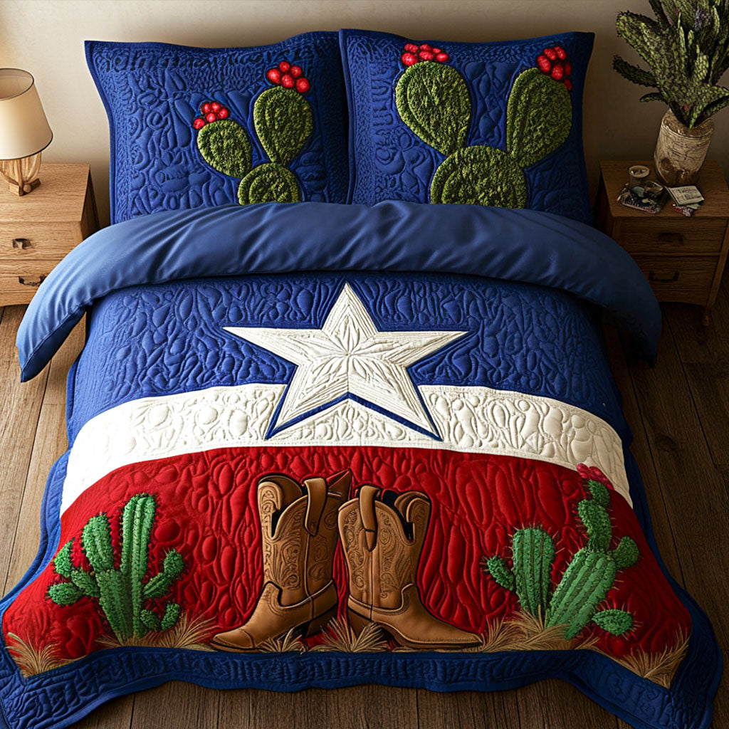 Boots And Cactus quilted 3-piece bedding set on a made bed with two matching pillow shams