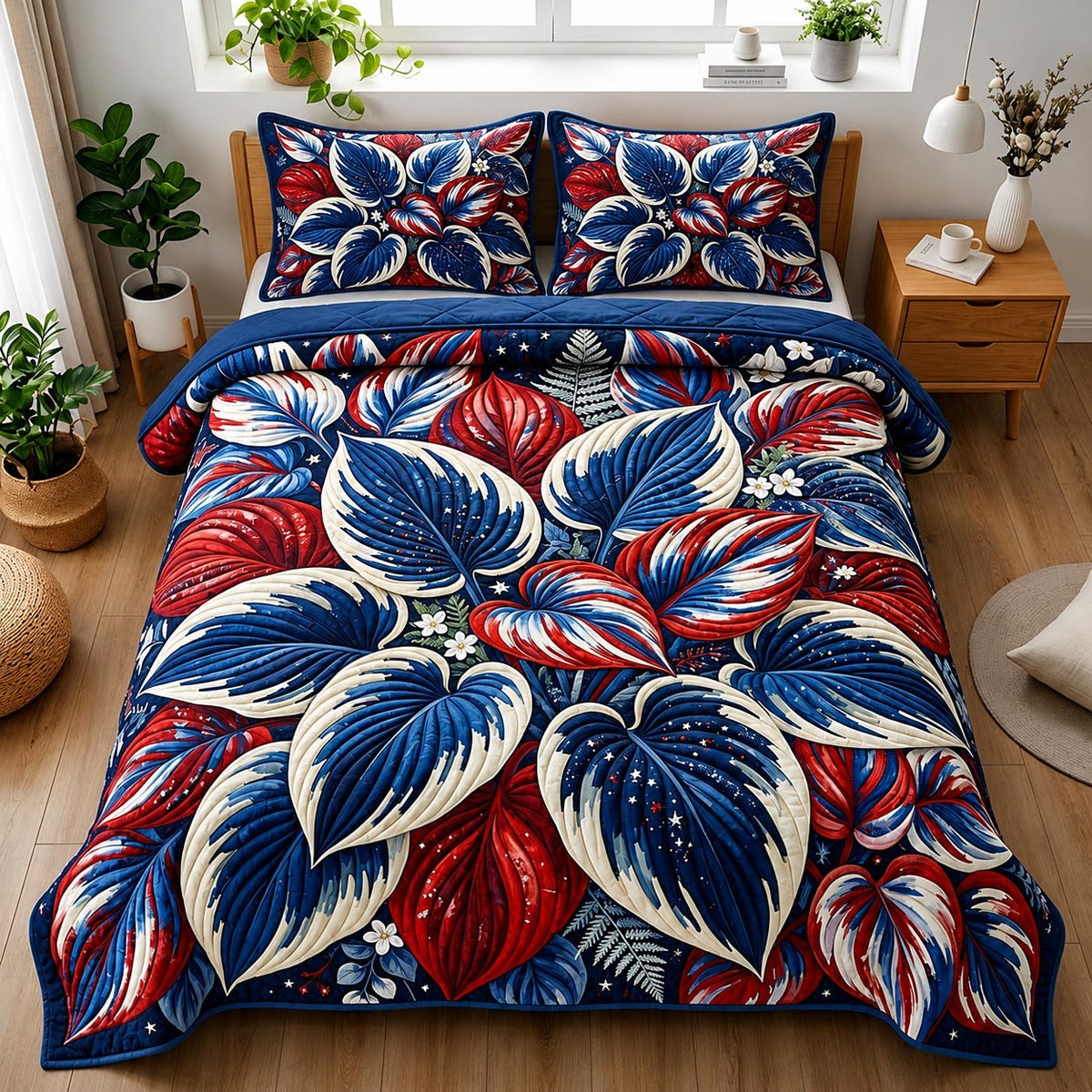Botanical Haven quilted 3-piece bedding set on a made bed with two matching pillow shams