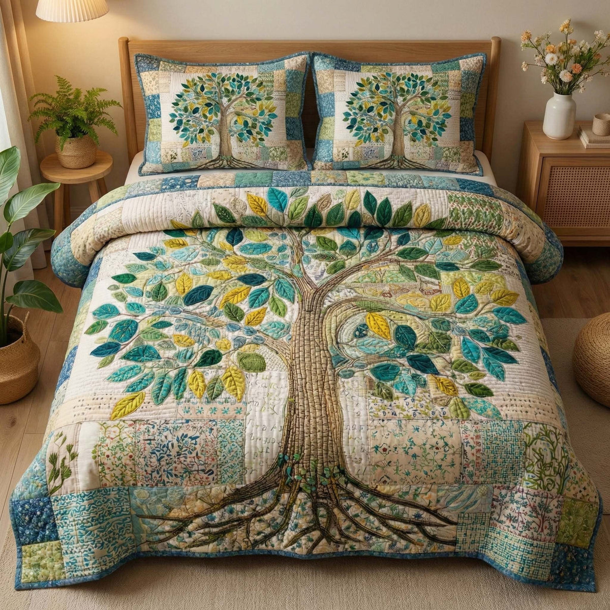Botanical Tree quilted 3-piece bedding set on a made bed with two matching pillow shams