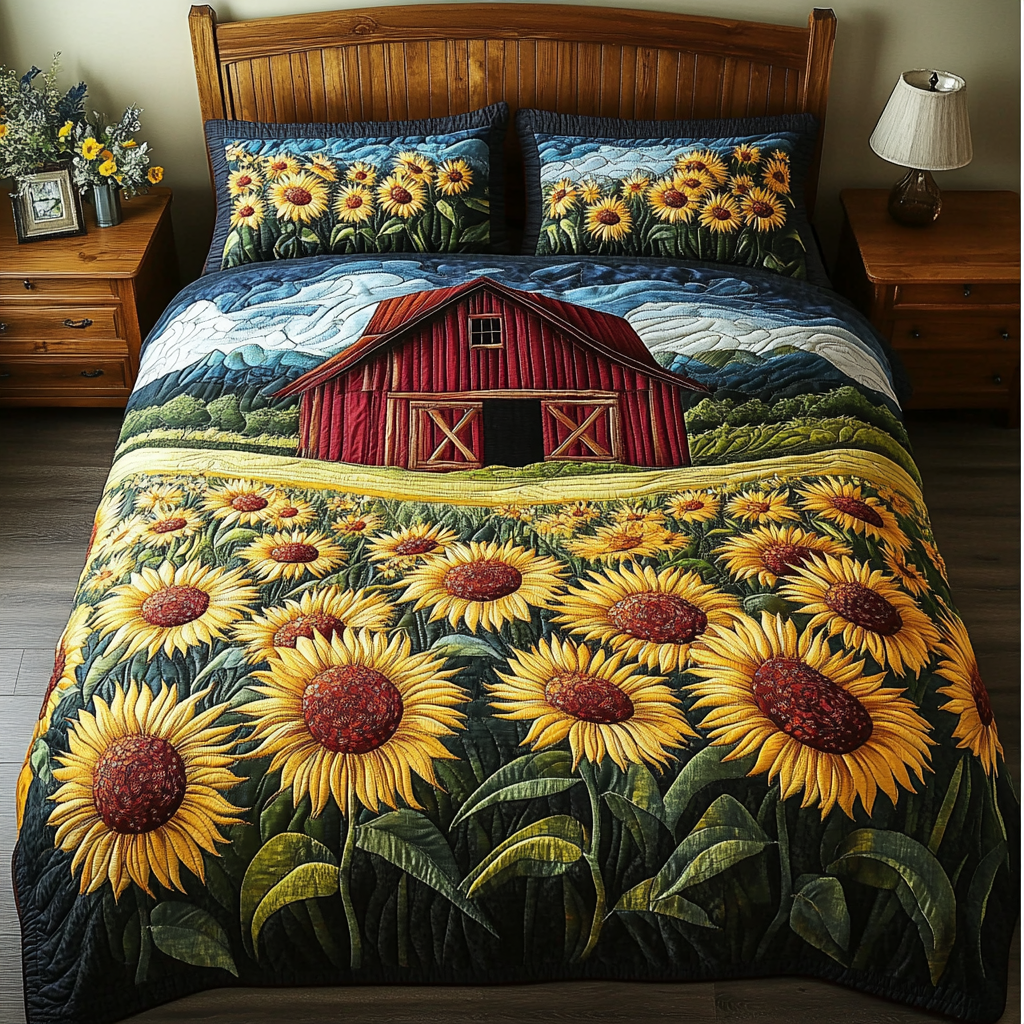 Bright Garden quilted 3-piece bedding set on a made bed with two matching pillow shams