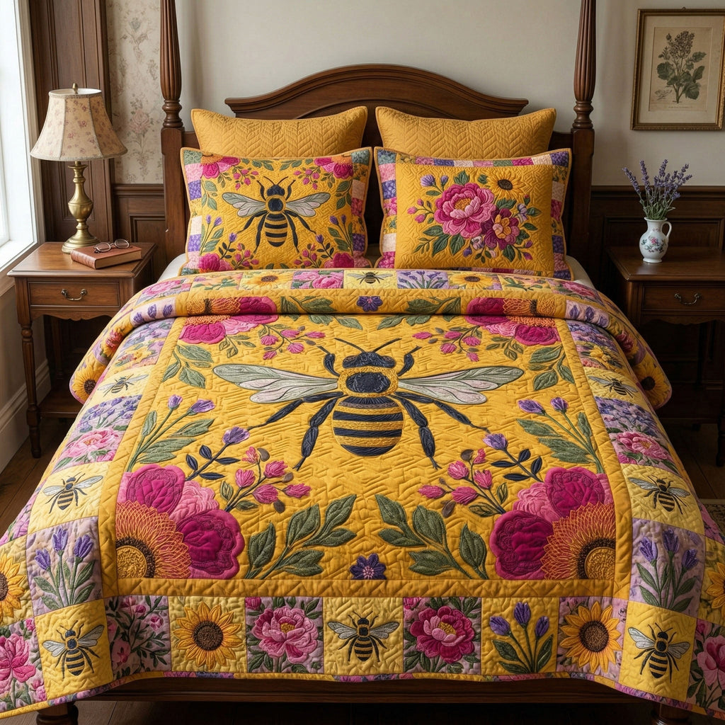 Bright Garden Bee quilted 3-piece bedding set on a made bed with two matching pillow shams