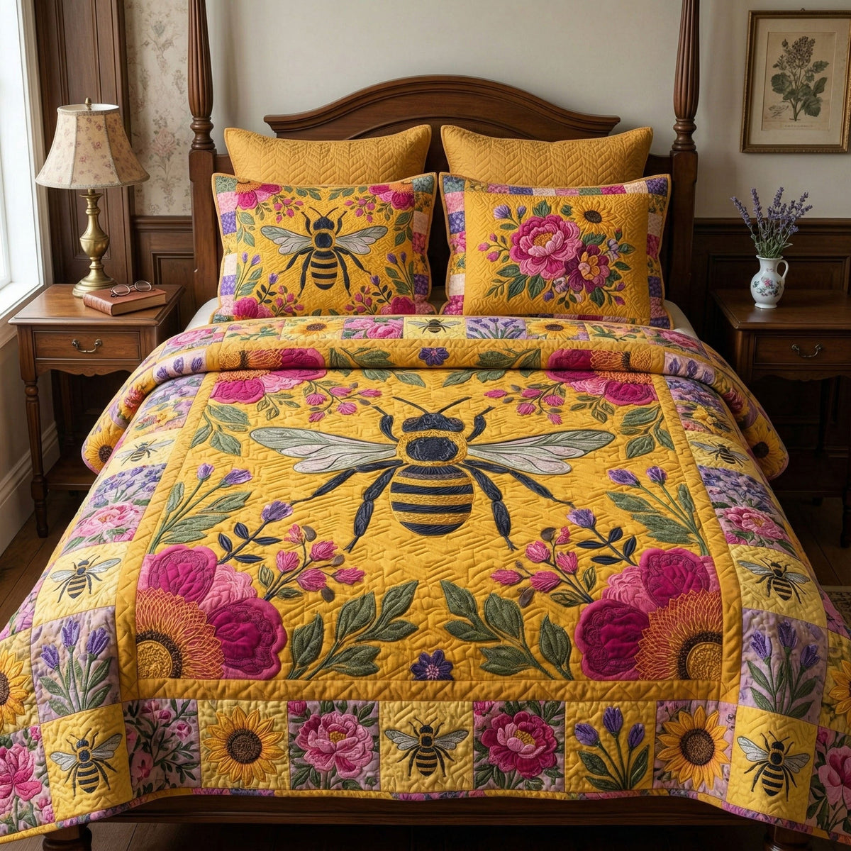 Bright Garden Bee quilted 3-piece bedding set on a made bed with two matching pillow shams