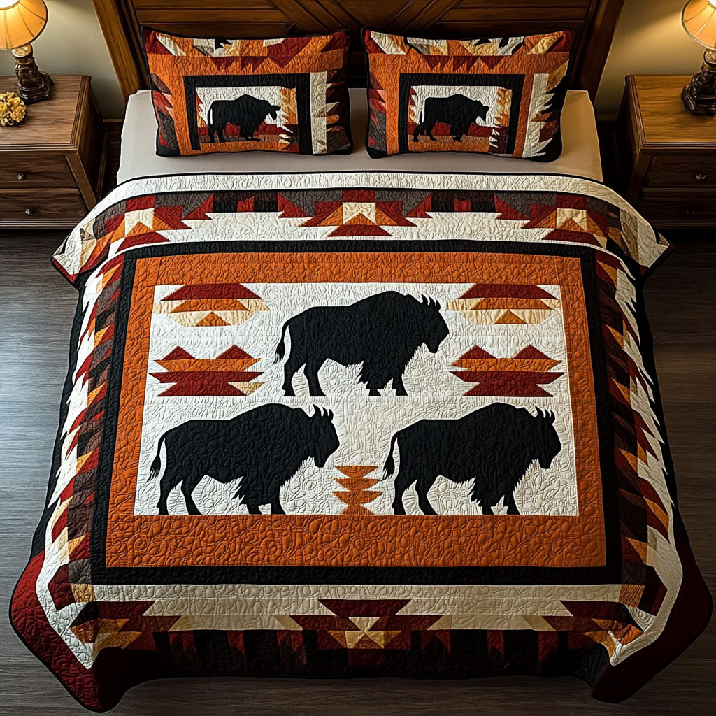 Bronco Blaze quilted 3-piece bedding set on a made bed with two matching pillow shams