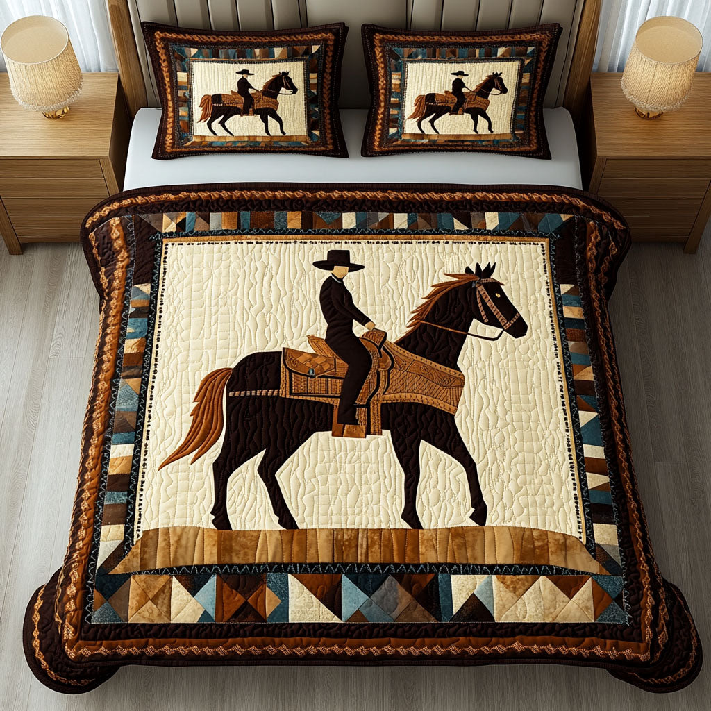 Bronco Heart quilted 3-piece bedding set on a made bed with two matching pillow shams