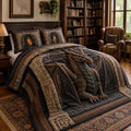 Bronze Bookkeeper quilted 3-piece bedding set on a made bed with two matching pillow shams