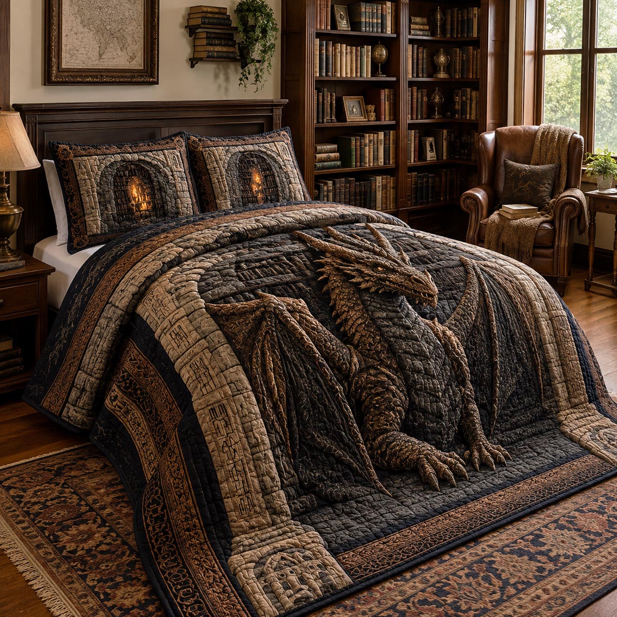 Bronze Bookkeeper quilted 3-piece bedding set on a made bed with two matching pillow shams