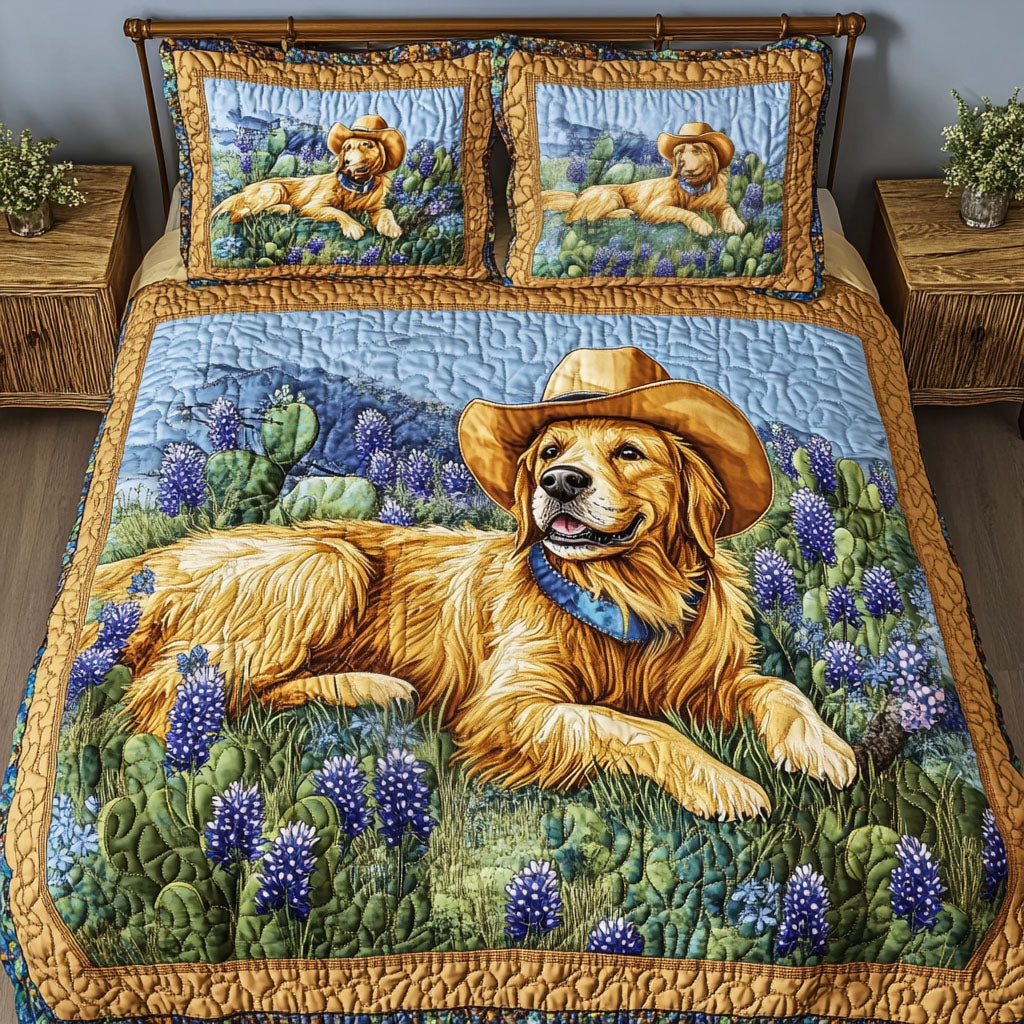 Buckaroo Pup quilted 3-piece bedding set on a made bed with two matching pillow shams