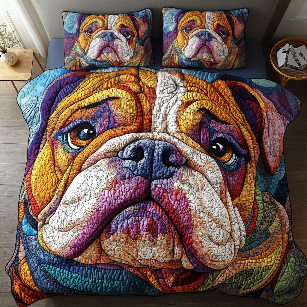 Bulldog Doodle Dreams quilted 3-piece bedding set on a made bed with two matching pillow shams