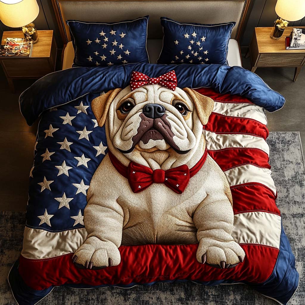 Bulldog For Freedom quilted 3-piece bedding set on a made bed with two matching pillow shams