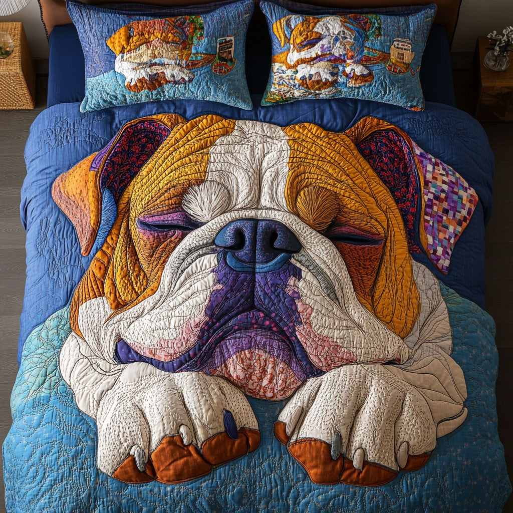 Bulldog Whimsy Walk quilted 3-piece bedding set on a made bed with two matching pillow shams