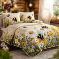 Bumblebee Daisy Meadow quilted 3-piece bedding set on a made bed with two matching pillow shams