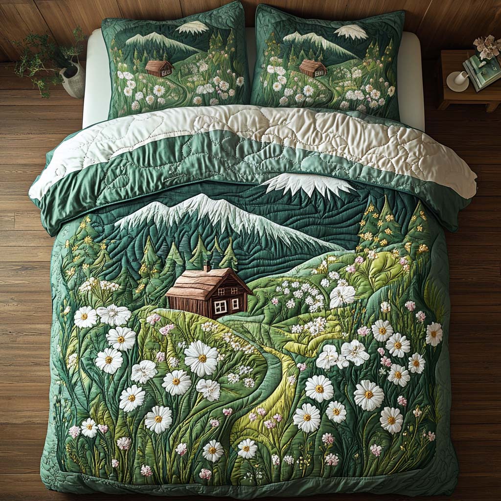 Cabin Comforts Forest quilted 3-piece bedding set on a made bed with two matching pillow shams