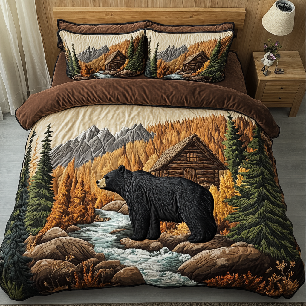 Cabin Dreams Animal quilted 3-piece bedding set on a made bed with two matching pillow shams