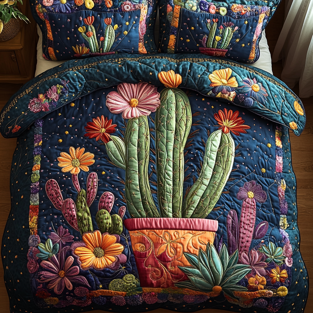 Cactus And Cradle quilted 3-piece bedding set on a made bed with two matching pillow shams