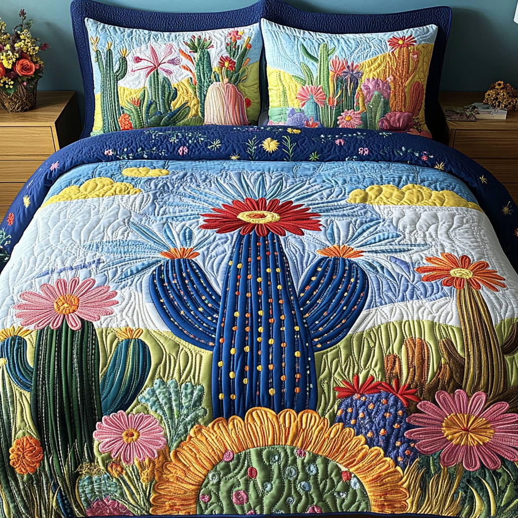 Cactus Bloom Catus quilted 3-piece bedding set on a made bed with two matching pillow shams