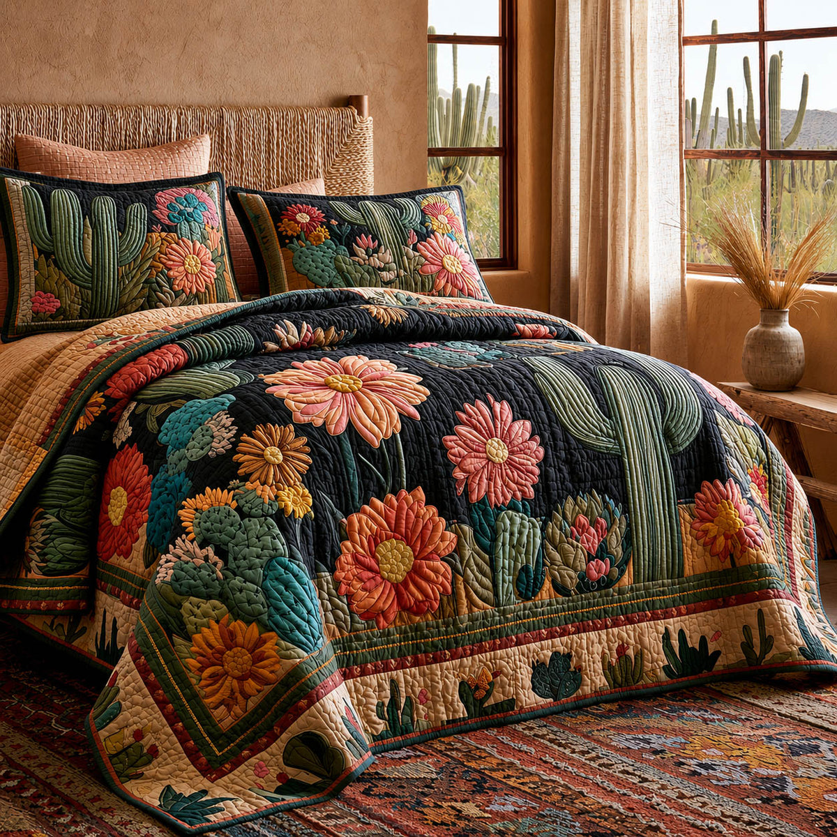 Cactus Bloom Cowboy quilted 3-piece bedding set on a made bed with two matching pillow shams