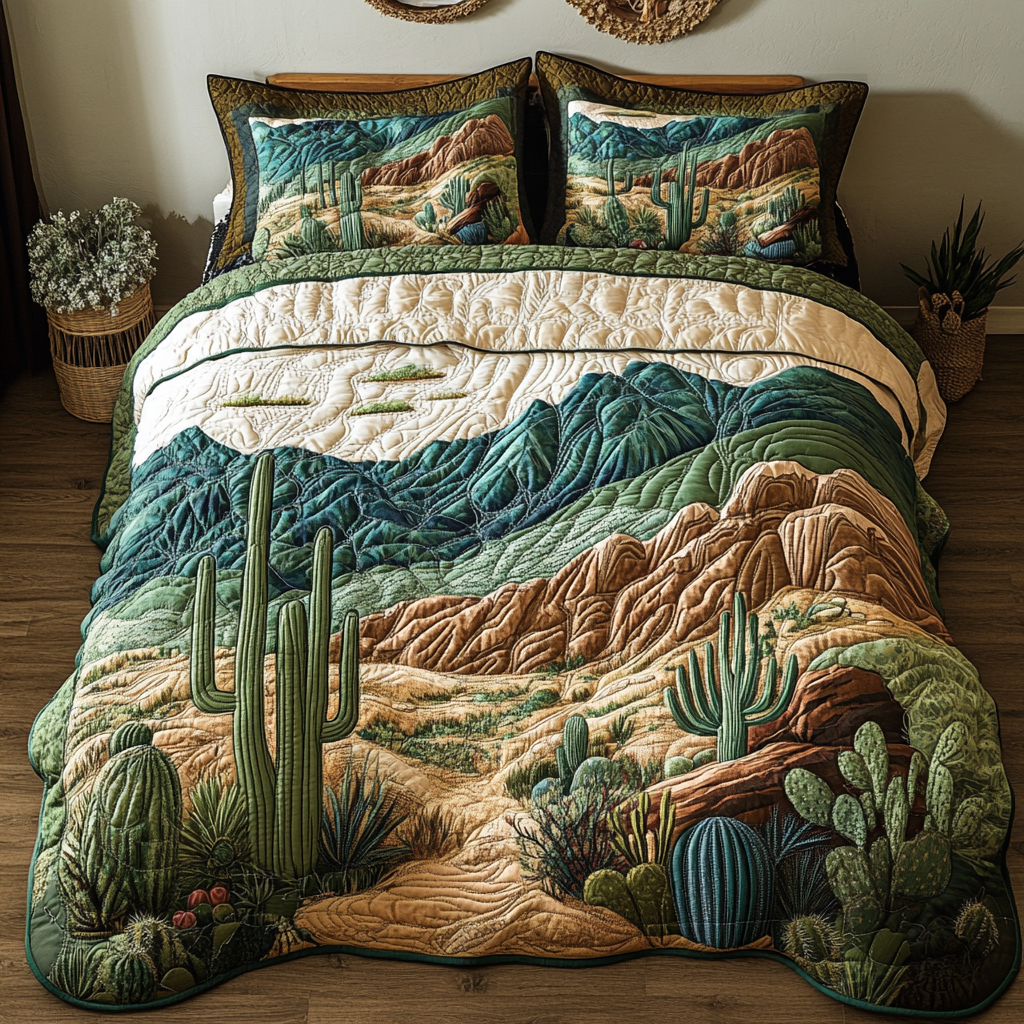 Cactus Bloom Desert quilted 3-piece bedding set on a made bed with two matching pillow shams
