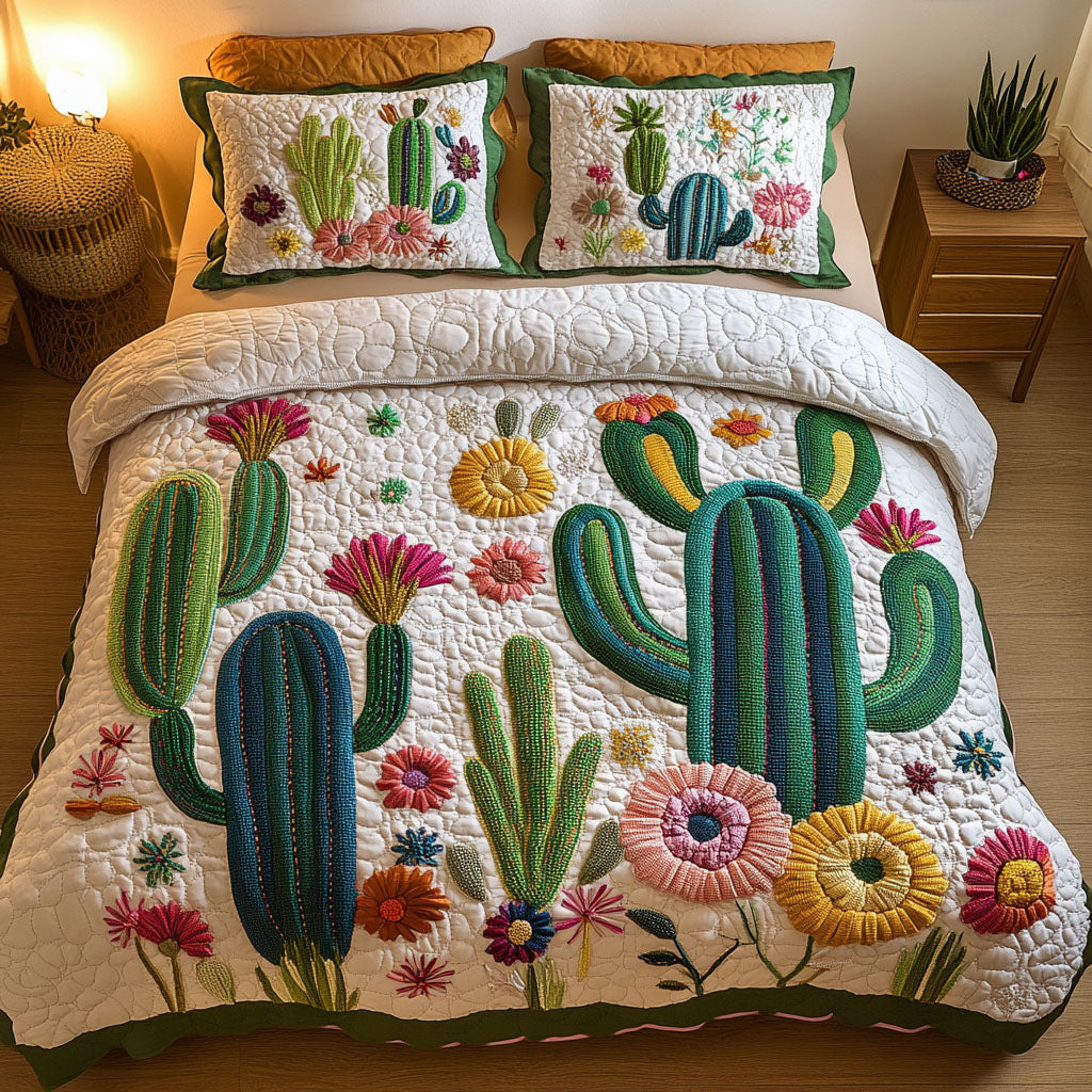 Cactus Bloom Hobbies quilted 3-piece bedding set on a made bed with two matching pillow shams