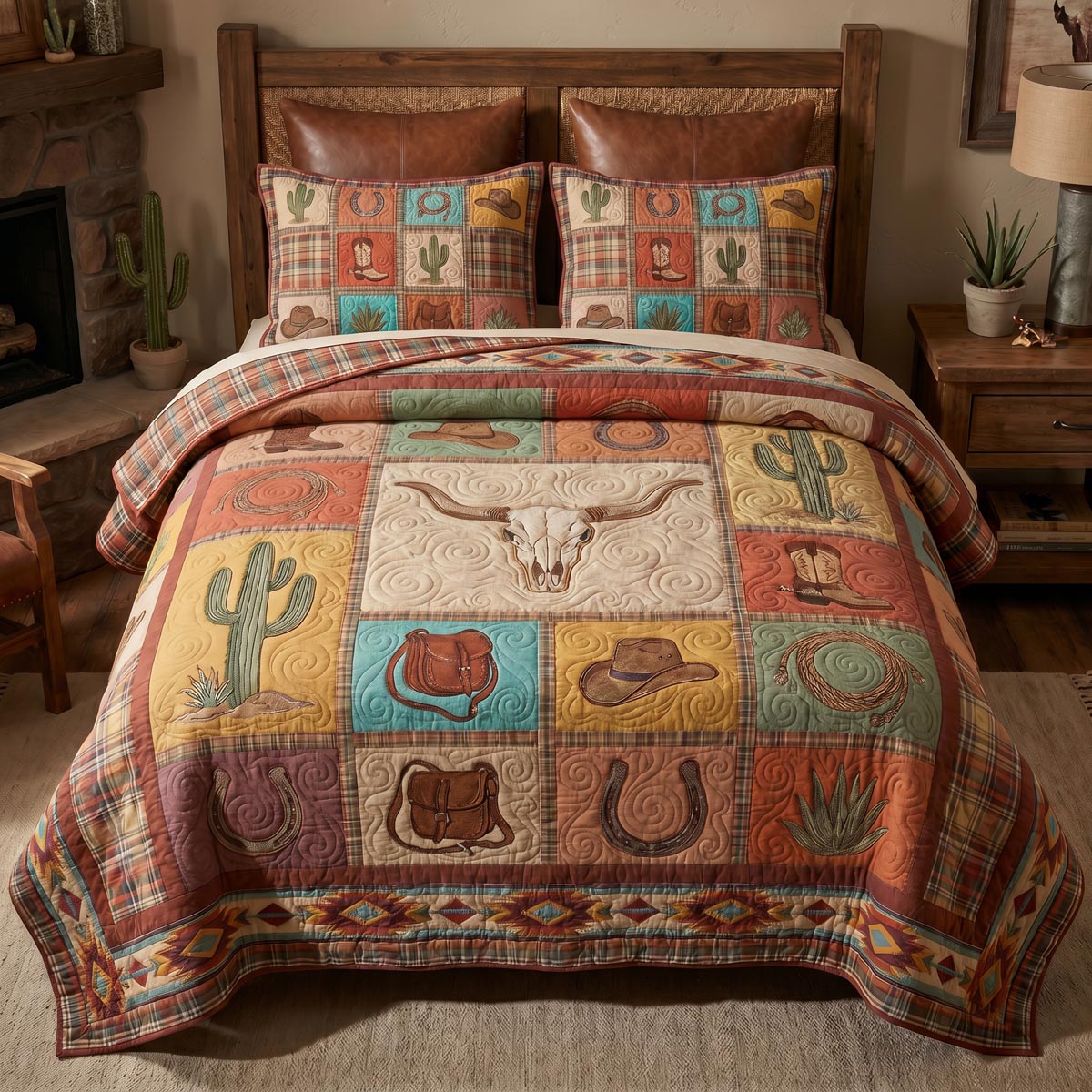 Cactus Bloom Homestead quilted 3-piece bedding set on a made bed with two matching pillow shams