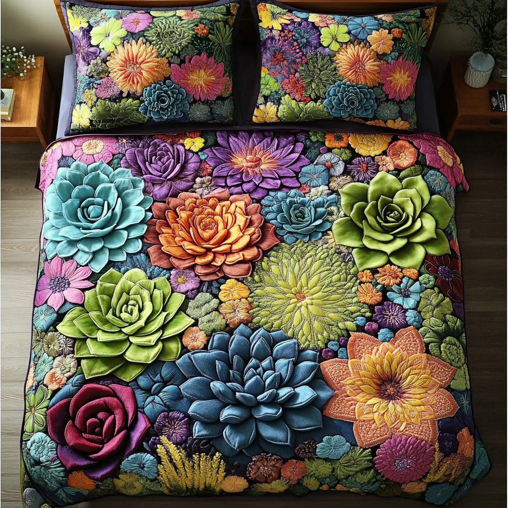 Cactus Charm Bedspread quilted 3-piece bedding set on a made bed with two matching pillow shams