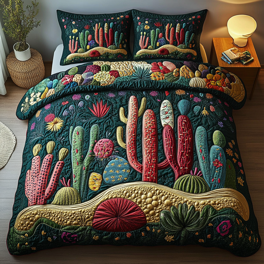 Cactus Charm Tree quilted 3-piece bedding set on a made bed with two matching pillow shams