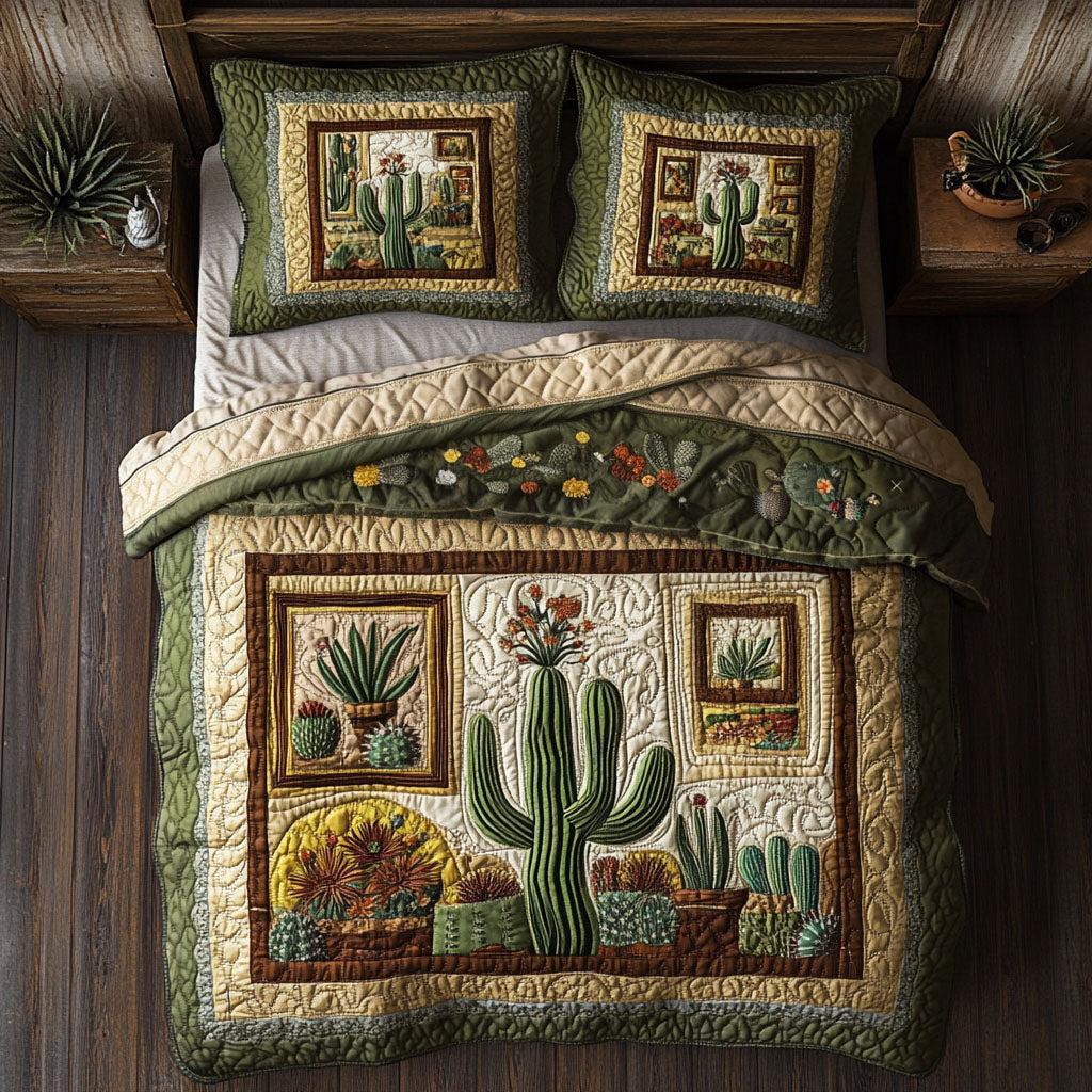 Cactus Cozy quilted 3-piece bedding set on a made bed with two matching pillow shams