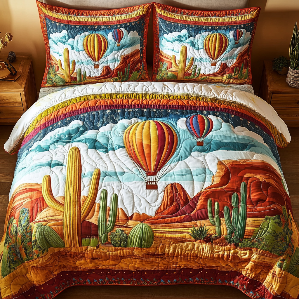 Cactus Dream Balloon quilted 3-piece bedding set on a made bed with two matching pillow shams