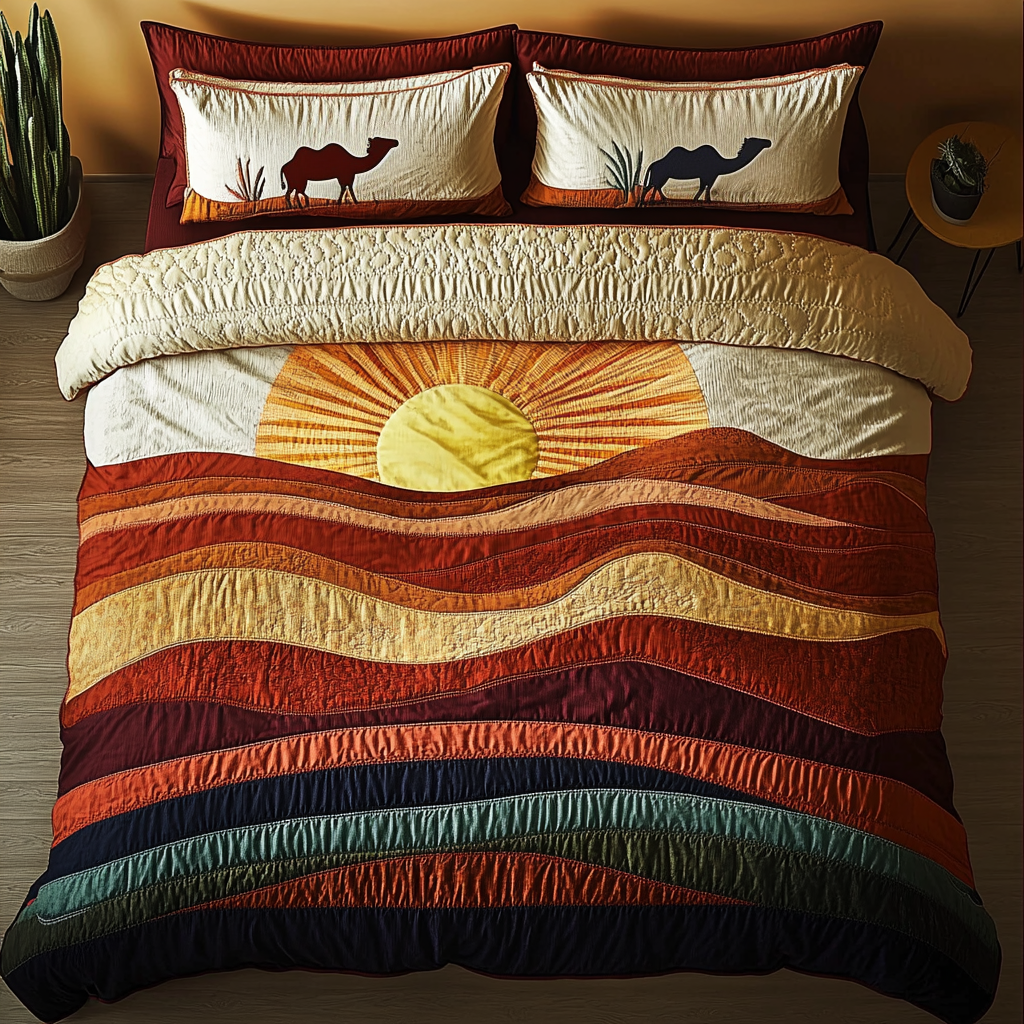 Cactus Dream Bedspreads quilted 3-piece bedding set on a made bed with two matching pillow shams
