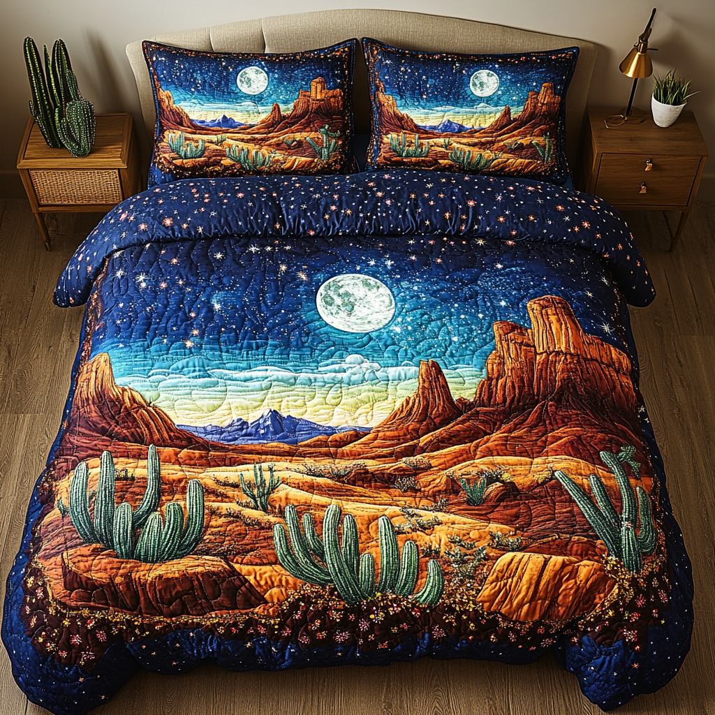 Cactus Dream Bison quilted 3-piece bedding set on a made bed with two matching pillow shams