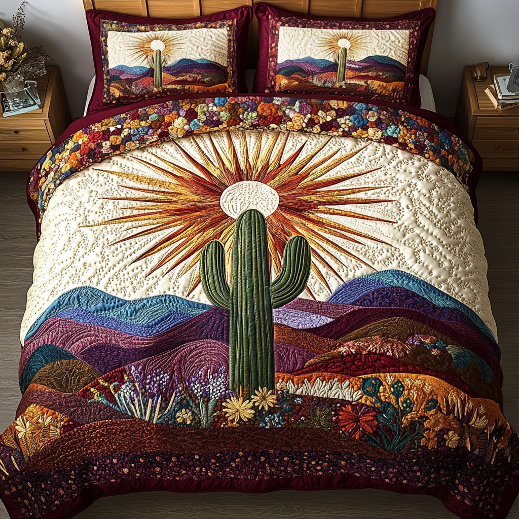 Cactus Dream Desert quilted 3-piece bedding set on a made bed with two matching pillow shams