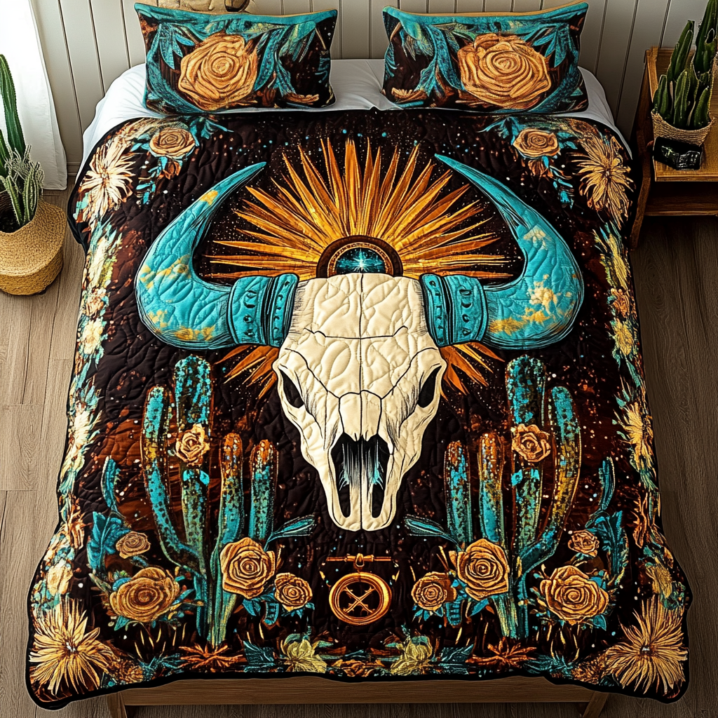 Cactus Dreams Bison quilted 3-piece bedding set on a made bed with two matching pillow shams