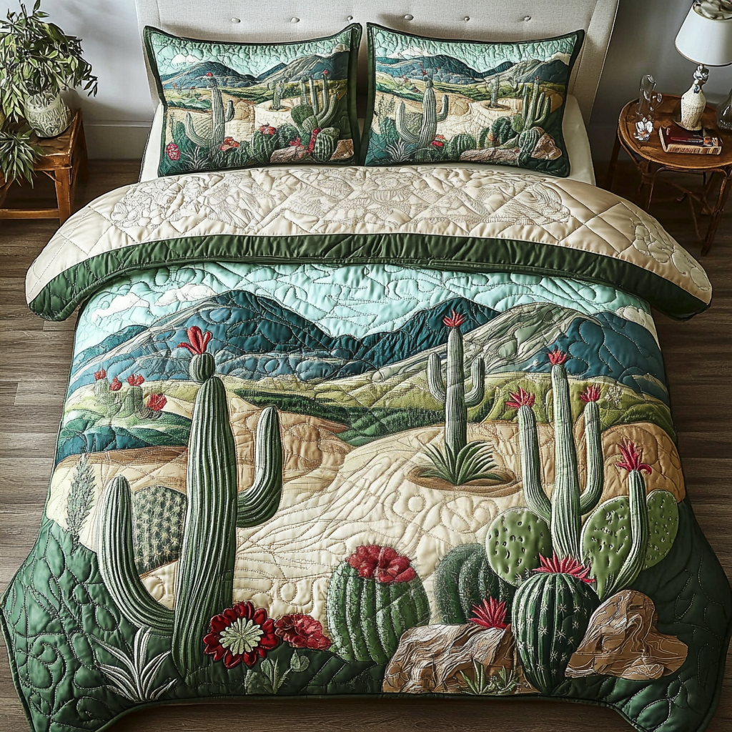 Cactus Dreams Cacti quilted 3-piece bedding set on a made bed with two matching pillow shams