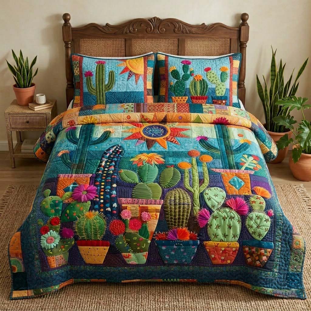 Cactus Fiesta quilted 3-piece bedding set on a made bed with two matching pillow shams