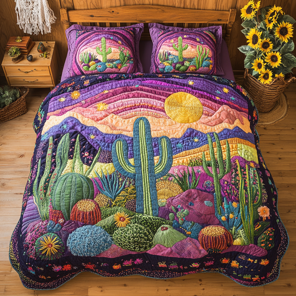 Cactus Garden Arizona quilted 3-piece bedding set on a made bed with two matching pillow shams