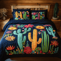 Cactus Garden Plant quilted 3-piece bedding set on a made bed with two matching pillow shams