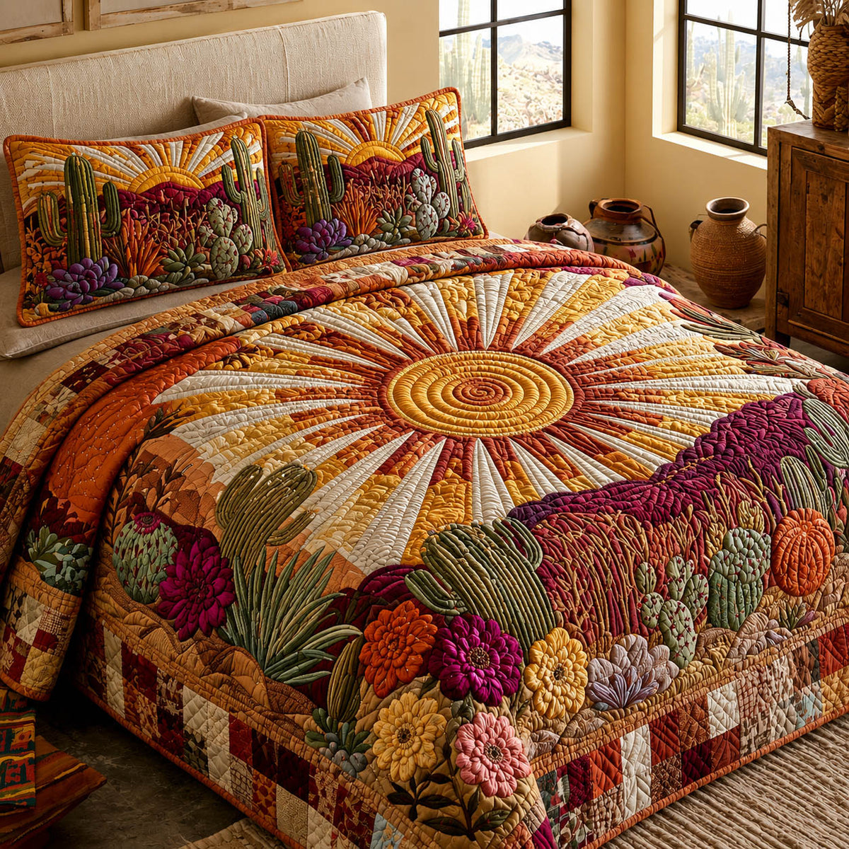 Cactus Haven quilted 3-piece bedding set on a made bed with two matching pillow shams