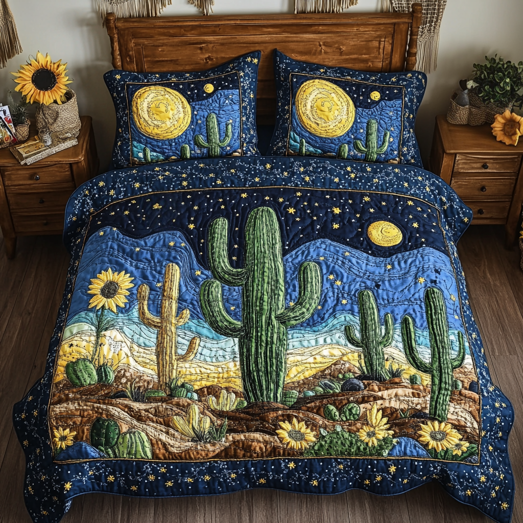 Cactus Moon Arizona quilted 3-piece bedding set on a made bed with two matching pillow shams