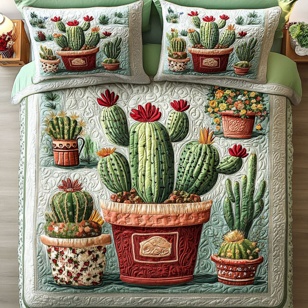 Cactus Pot Garden quilted 3-piece bedding set on a made bed with two matching pillow shams