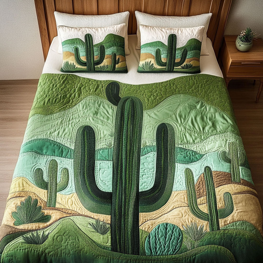 Cactus Serenity Hobbies quilted 3-piece bedding set on a made bed with two matching pillow shams