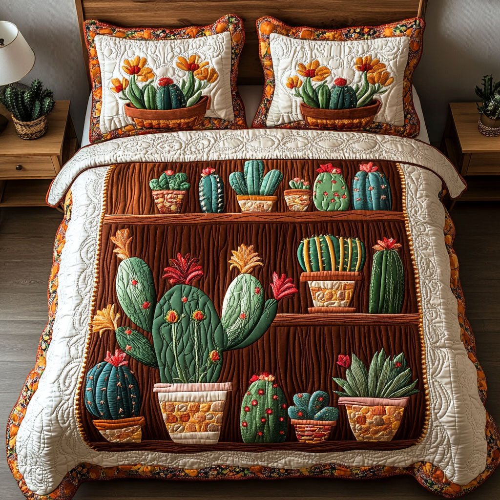 Cactus Shelf Art quilted 3-piece bedding set on a made bed with two matching pillow shams