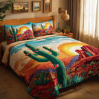 Cactus Sunset Landscape quilted 3-piece bedding set on a made bed with two matching pillow shams